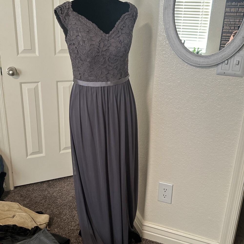 Davids Bridal Long Maxi Dress Gray Gown Lace Top Bridesmaid. Size 8